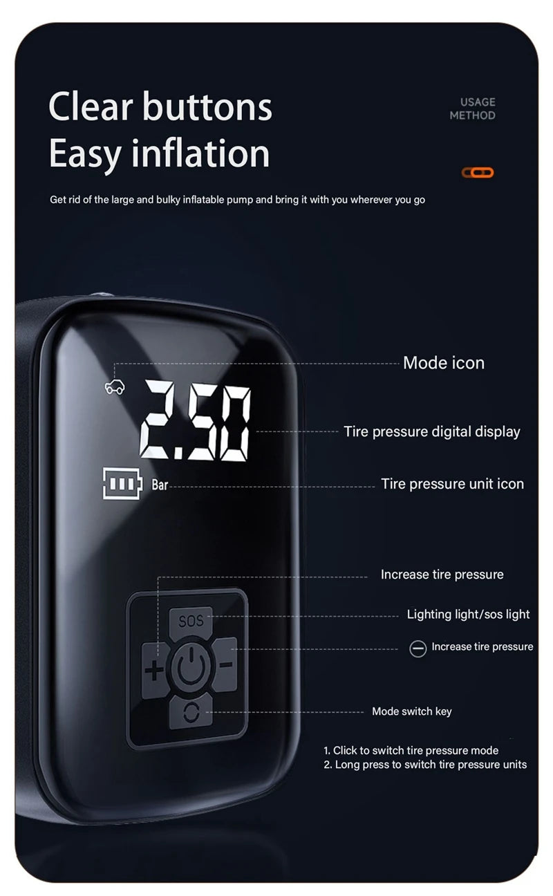 Wireless Air Compressor Portable Universal Electric Air Pump Tire Sensor Mini Inflatable Treasure for Car Motorcycle Basketball