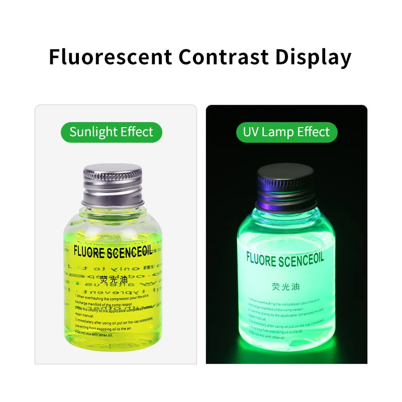 Bilens luftkondition fluorescerande oljedoft UV-ljus läckage detektor spårare för R134a, R1234yf,R404a, R22, R32, R410a köldmedier