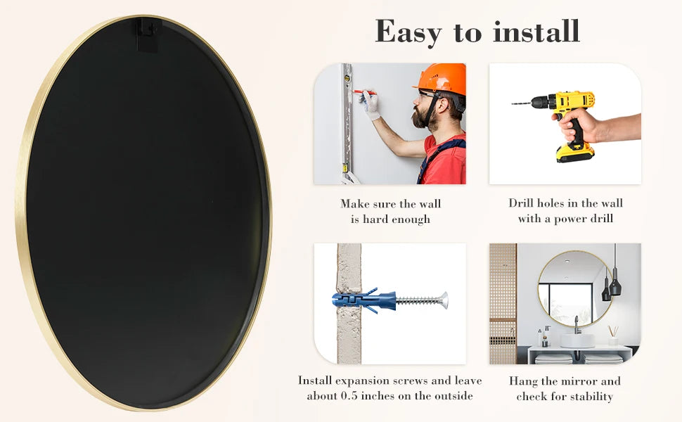 30-Inch Round Gold Framed Wall Mirror with Tempered Glass