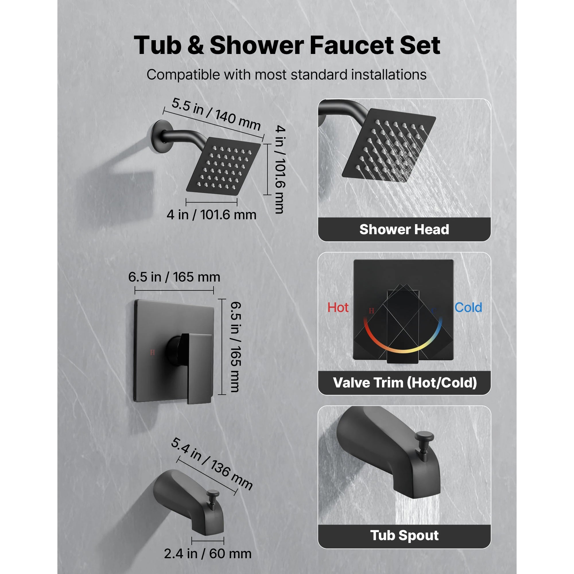 Conjunto de grifo para bañera y ducha con cabezal de ducha tipo lluvia de 4 pulgadas negro