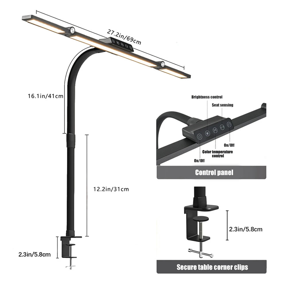 Nastaviteľná LED stolová lampa so svorkou a automatickým stmievaním svetla