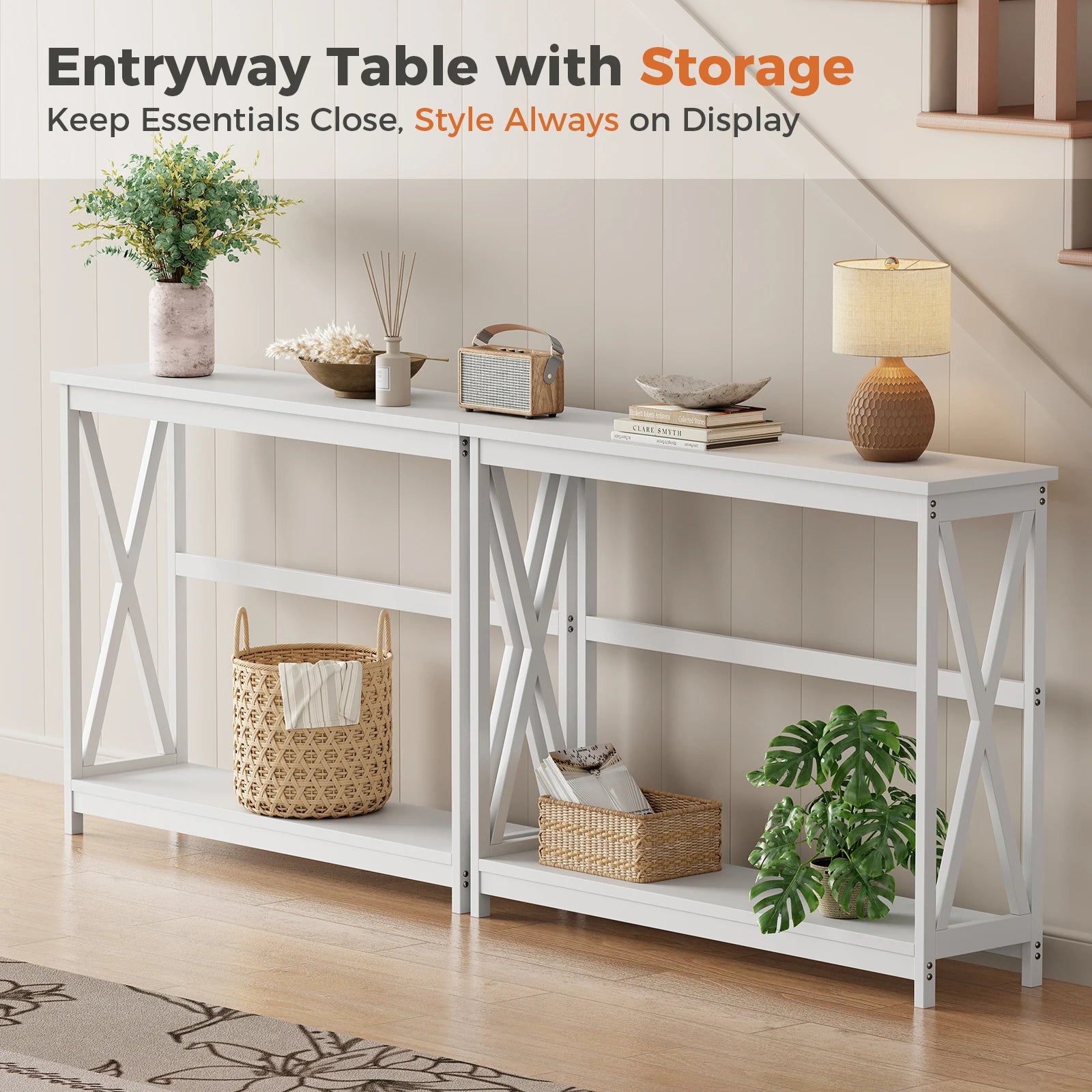 40" 2-Tier Console Table with Metal X-Frame – Modern Entryway Table