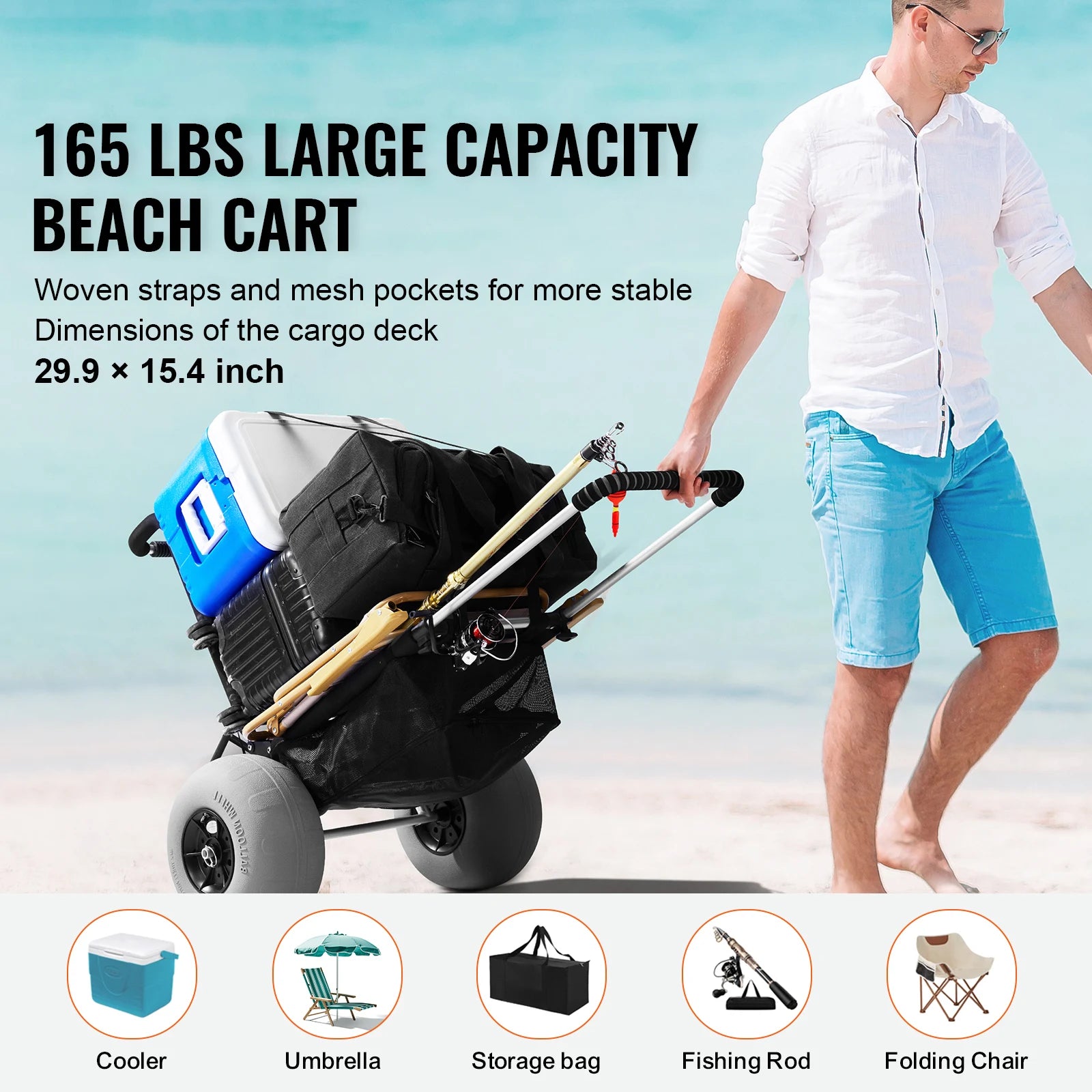 SucceBuy Beach Dolly with Big Wheels for Sand 29.9" x 15.4" Cargo Deck w/ 12" Balloon Wheels, 165LBS Folding Sand Cart for Beach