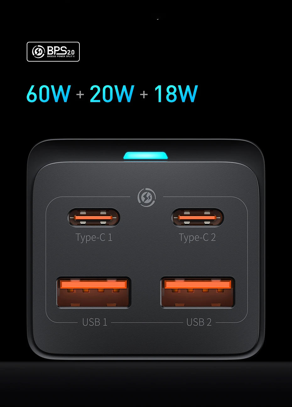 Baseus 65W/100W GaN stolná nabíjačka so 4 portami na rýchle nabíjanie