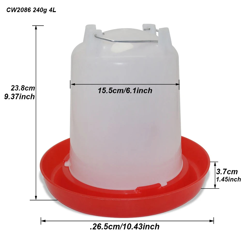 Consommateur d'eau pour volaille de 4 L avec plateau rouge et interrupteur de vidange