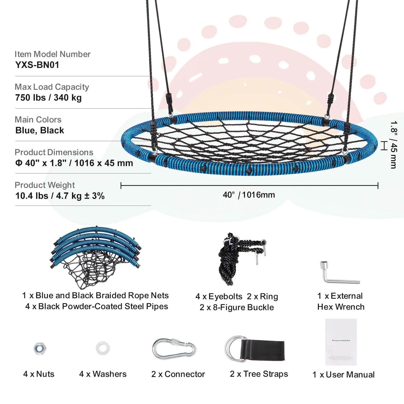 40" Tree Swing Saucer Seat 750lbs with Straps & Adjustable Ropes