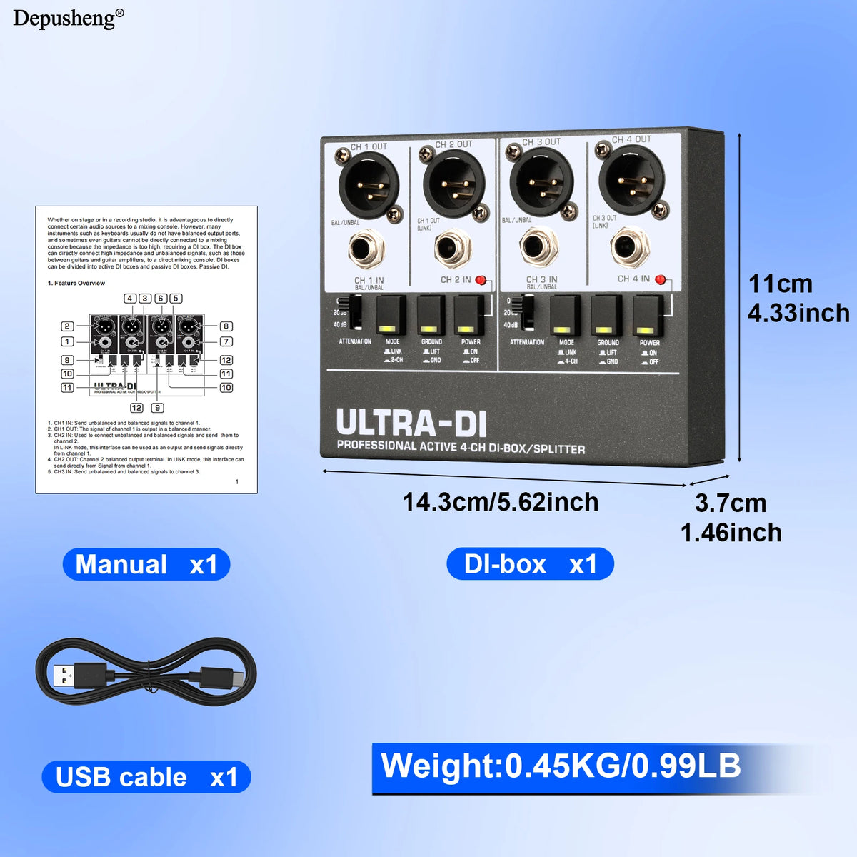 Boîte DI audio active avec options de canal