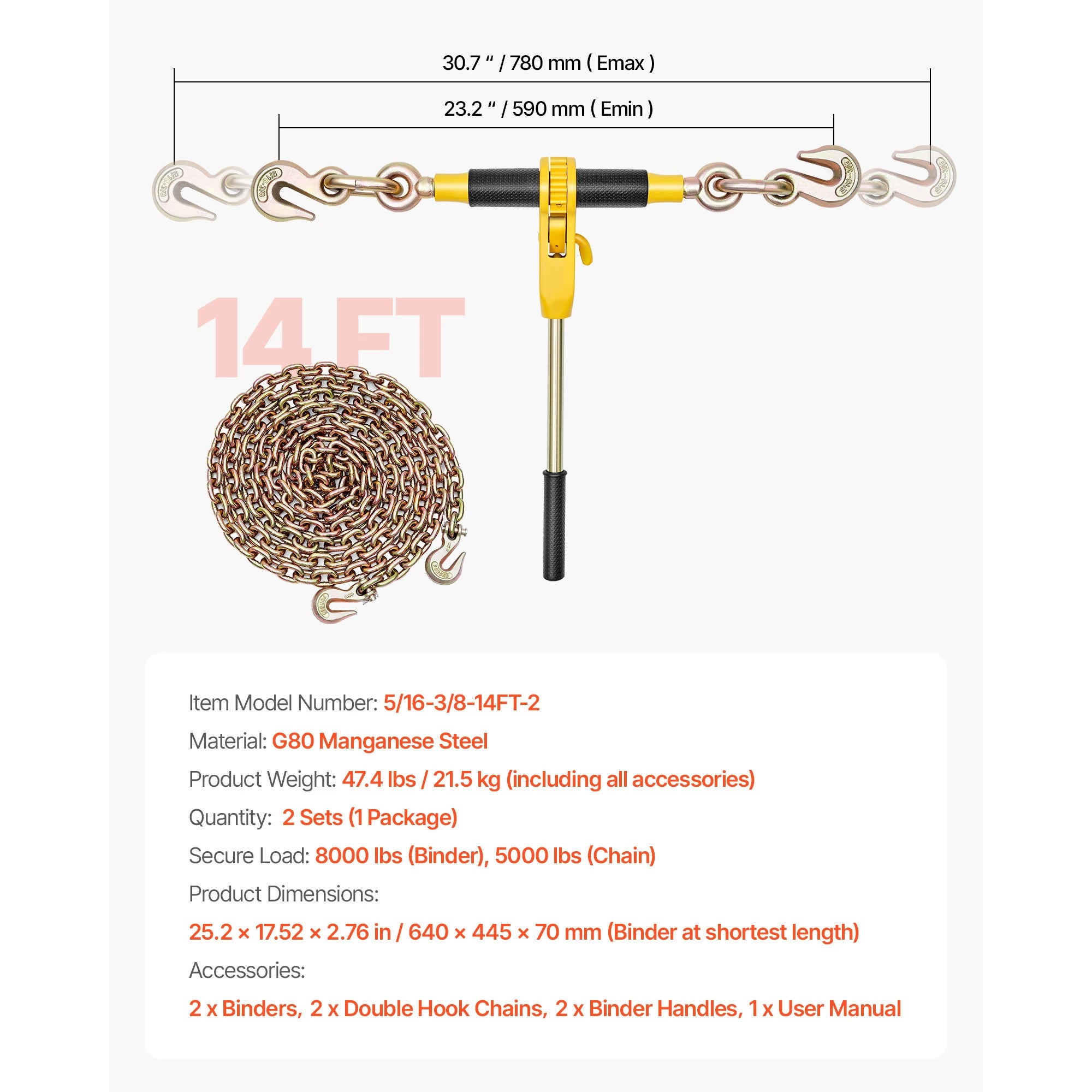 Ratchet Chain Binder Set with G80 Chains for Heavy Load Securing
