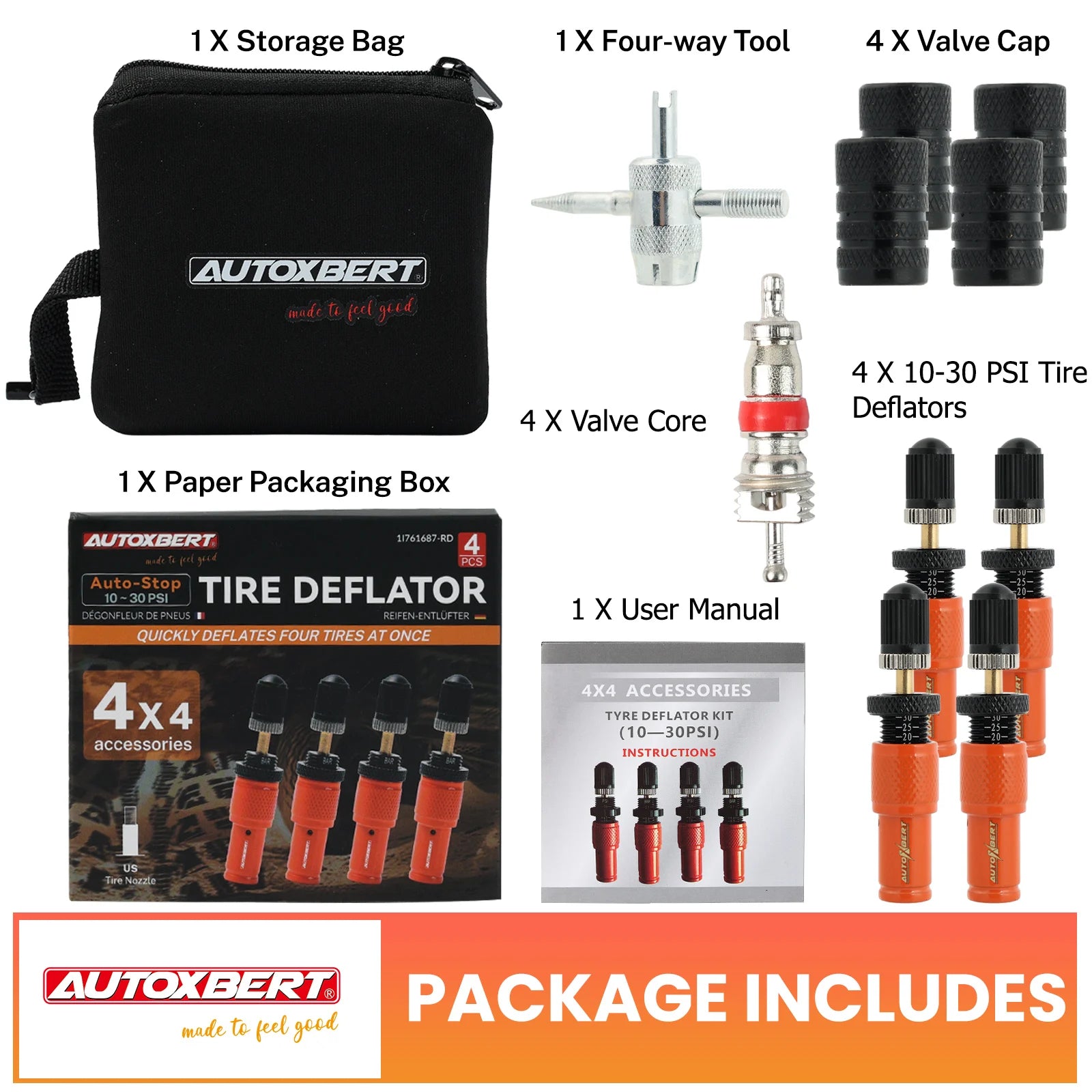 4 X 10-30 PSI Orange Adjustable Auto-Stop Tire Deflator Valve Kit Screw-on Tyre Deflator Tool For Offroad 4x4 Vehicle Accessorie