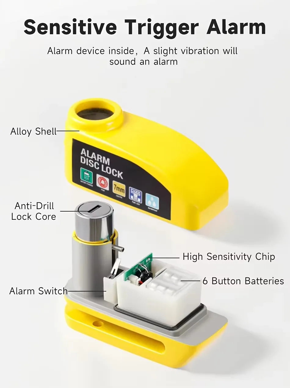 Candado de disco de alarma con línea de recordatorio, motocicleta, scooter, bicicleta, aleación de aluminio, candado de seguridad antirrobo, protección antirrobo, candado de disco con cable de acero