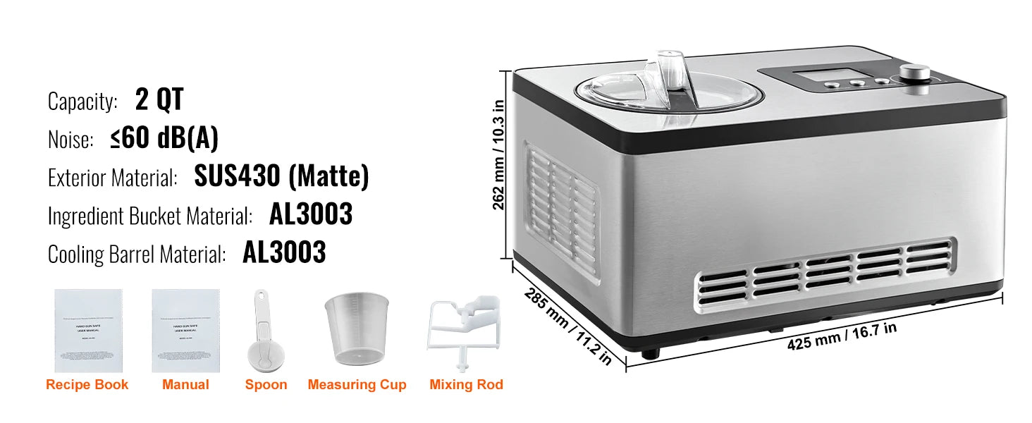 2QT Automatic Ice Cream Maker with Compressor, No Pre-Freezing