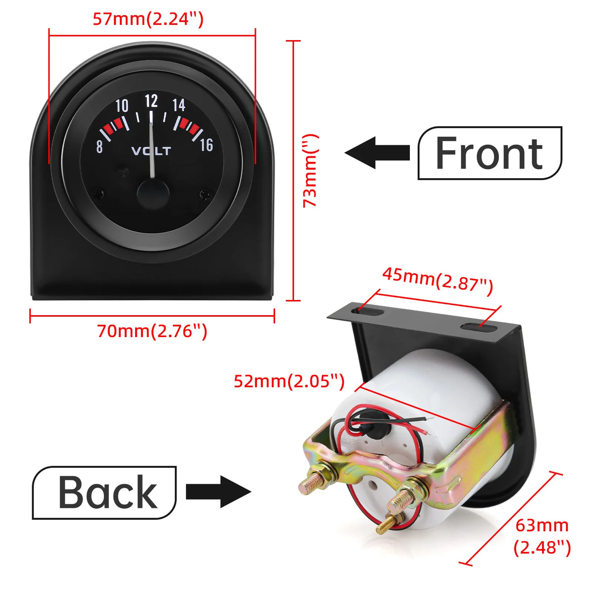 52 mm Car Voltmeter Gauge, 8–16 V, White LED, Black