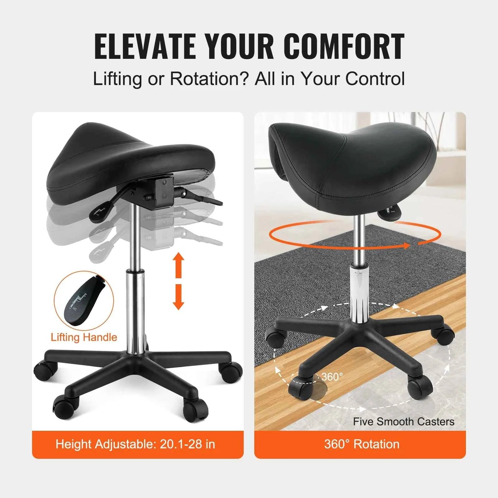 VEVOR Ergonomic Saddle Stool with 5 Swivel Casters 360° Rotation 20.1-28in Height Adjustable Round Stool for Bar Salon Office