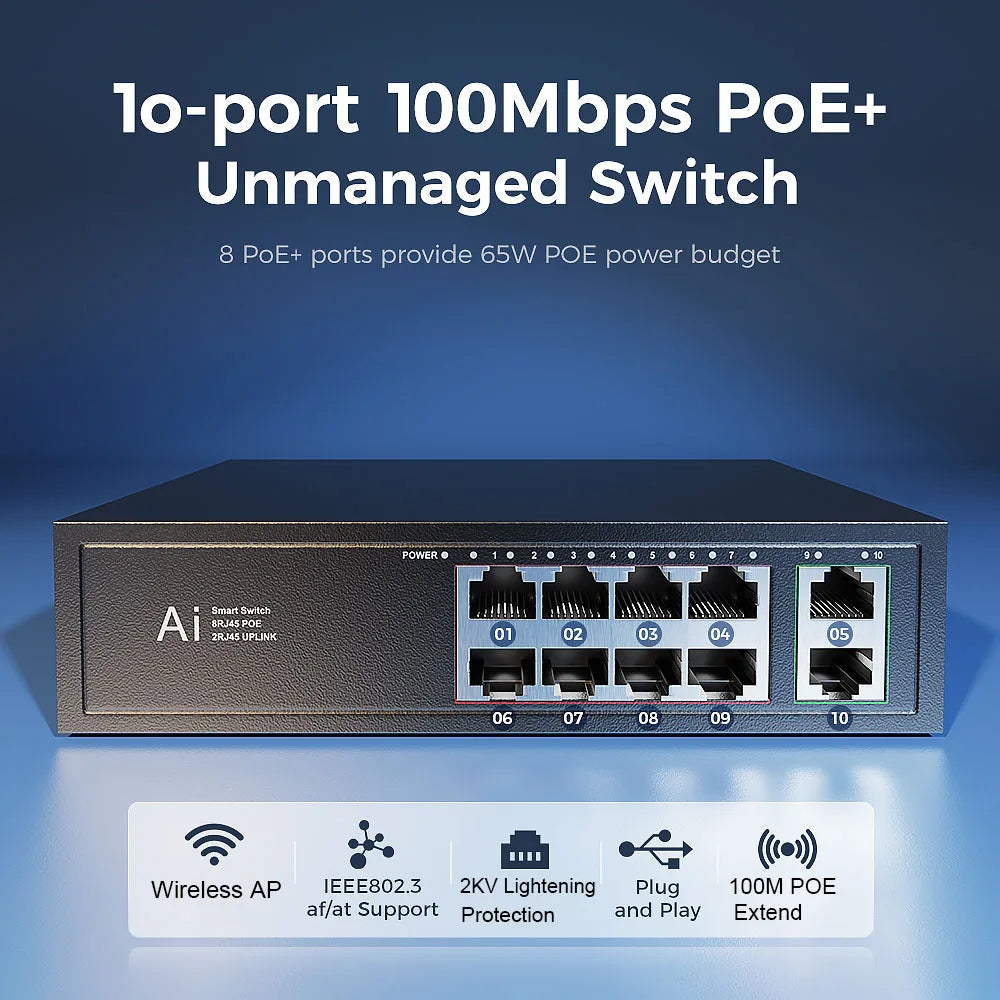 Ienron POE Switch 6/10 Ports 100Mbps Ethernet Switch POE ieee802.3af/at Network Switch Ethernet For Wifi Router IP Camera