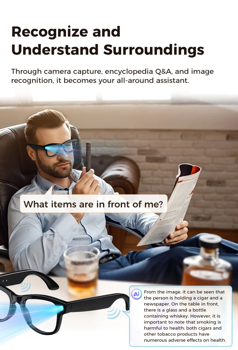 Óculos inteligentes 2026 com AI 1080p, câmera HD, M02, Ultra, ChatGPT, estojo de carregamento de 3600 mAh, banco de energia, 32 GB, tradução, música, vídeo, óculos de sol