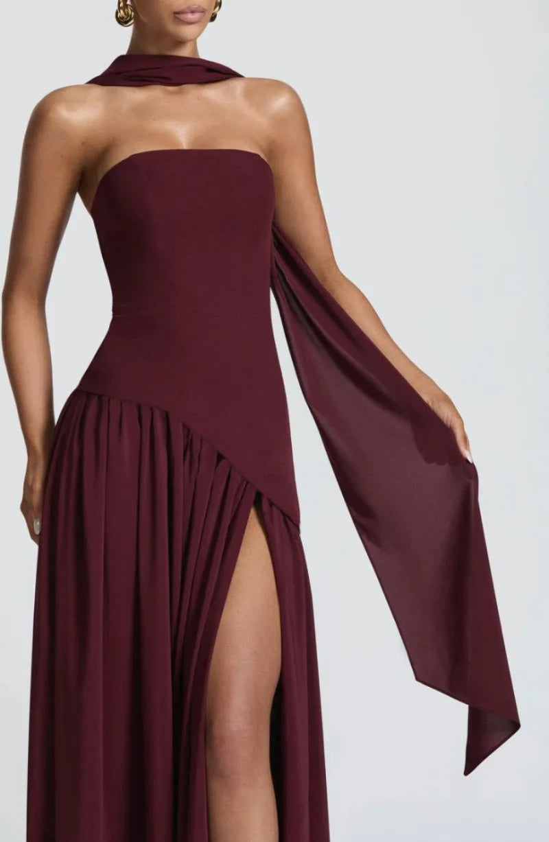 Elegant Strapless Floor-Length Women’s Slit Backless Evening Dress