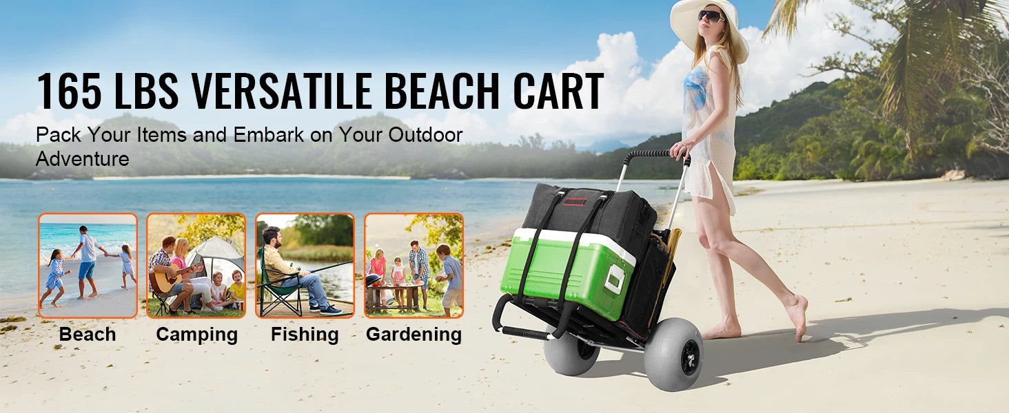 SucceBuy Beach Dolly with Big Wheels for Sand 29.9" x 15.4" Cargo Deck w/ 12" Balloon Wheels, 165LBS Folding Sand Cart for Beach