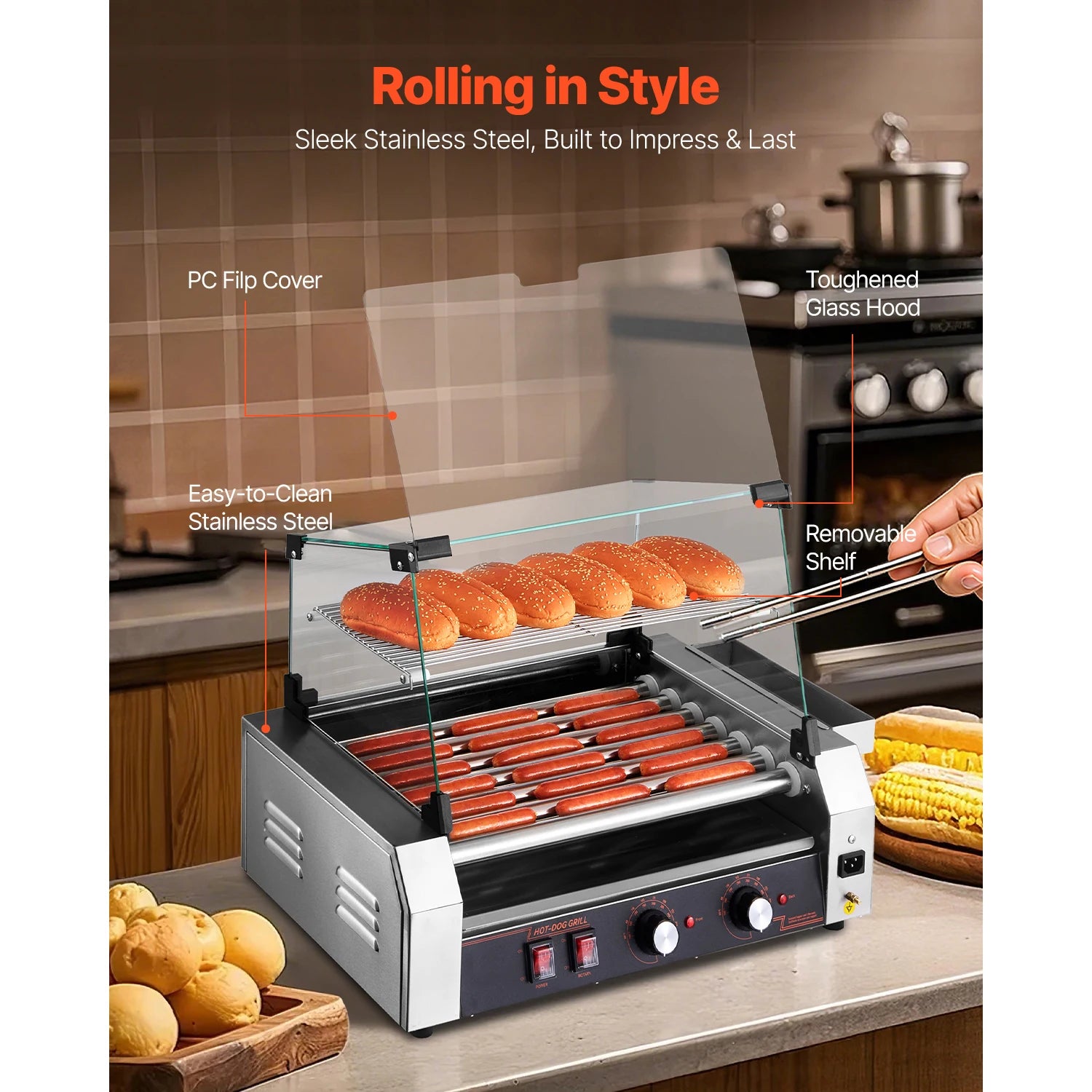 Grătar rotativ pentru hot dog din oțel inoxidabil cu control dublu al temperaturii