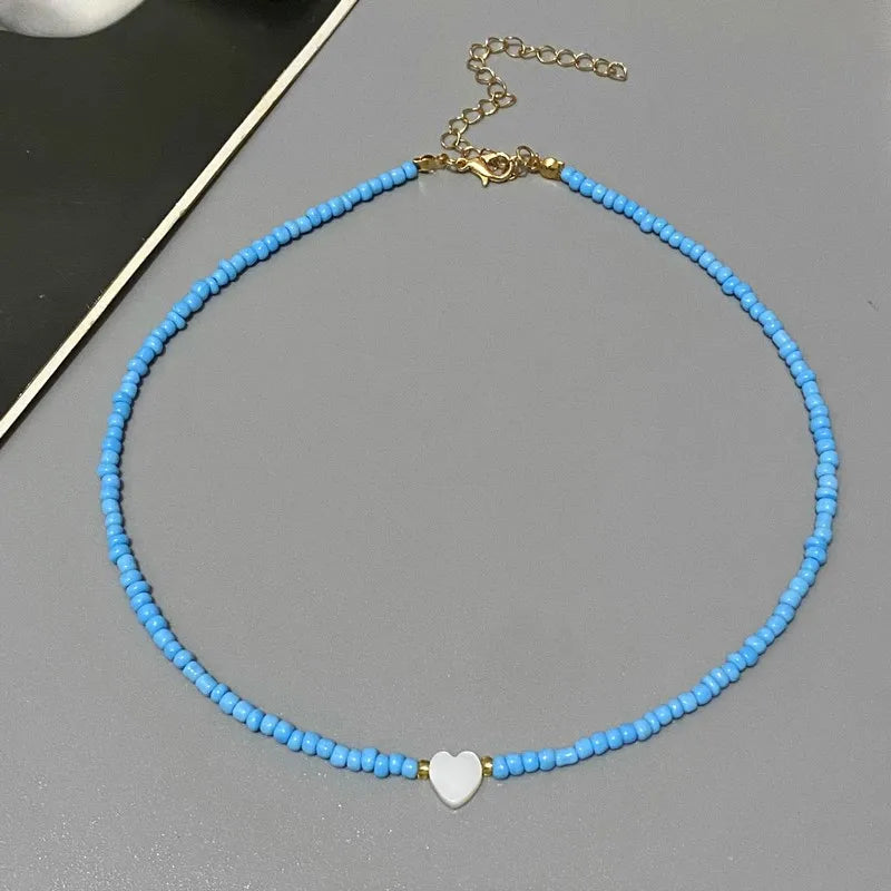 New Nature Shell Love Heart Choker Necklace for Girl Spring Summer Fashion Small Colorful Glass Beads Necklace Gift for Friend