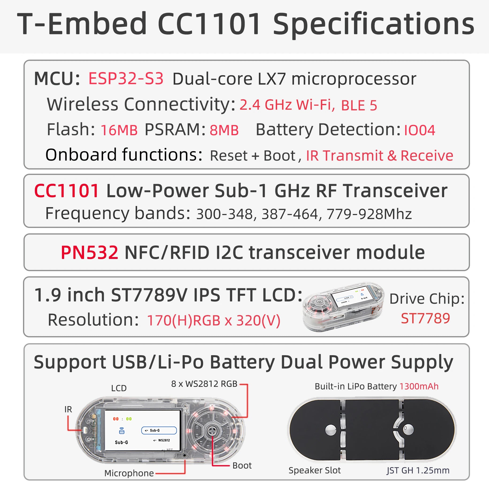 LILYGO T-Embed ESP32-S3 CC1101 Sub-1 GHz RF Module with NFC and LCD