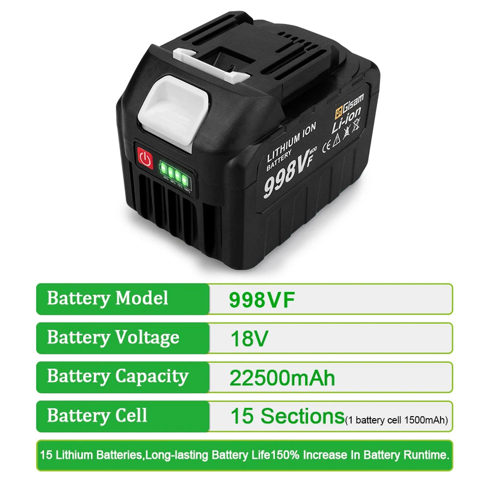 Gisam Rechargeable Battery 22500mAh 15000mAh Lithium Ion Battery 198VF 398VF 928VF Li-ion Battery For Makita 18v battery Pin