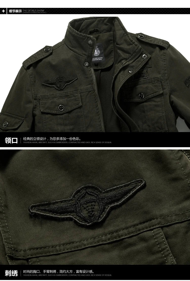 High-quality men's military jacket 2023 new multi-pocket collar embroidered sleeve pilot tooling plus size cotton jacket men