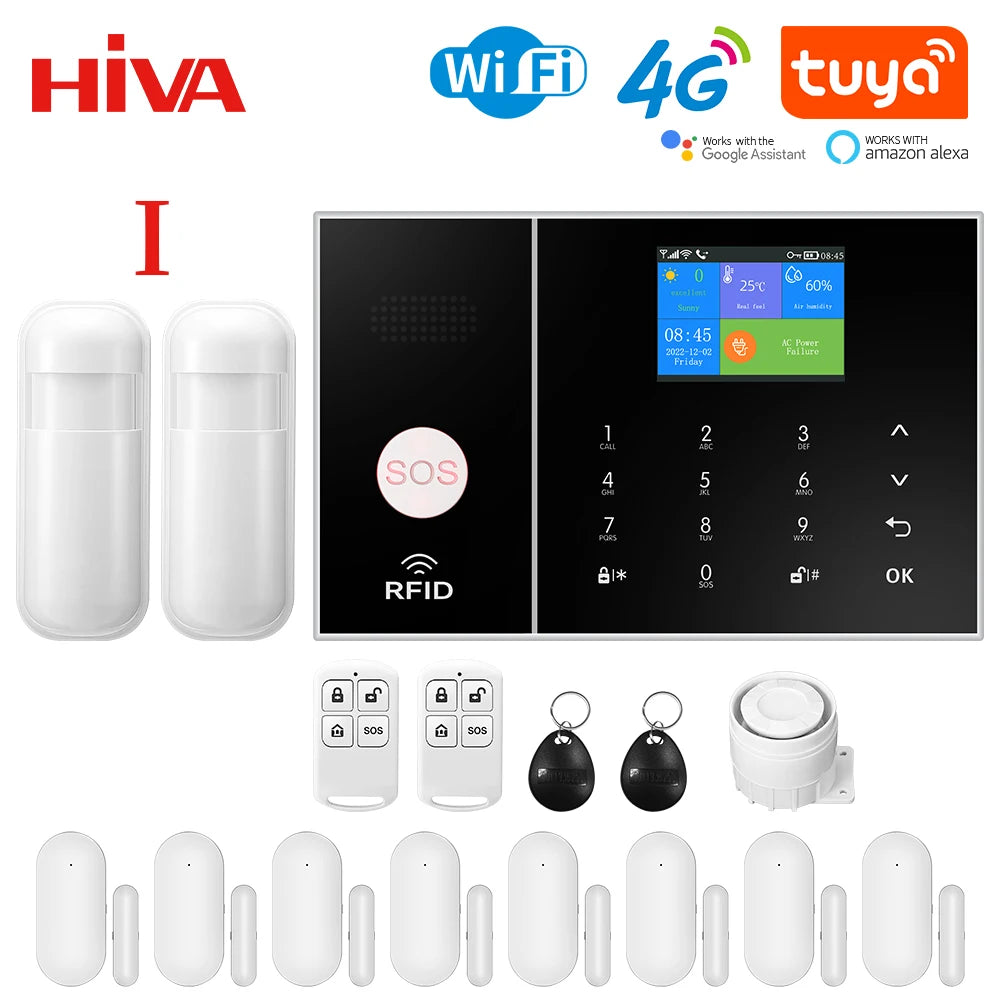 HIVA 4G Security Alarm System For Home WiFi Tuya Smart Life App Control Burglar Alarm Kit Work With Alexa With Pir Door Sensor