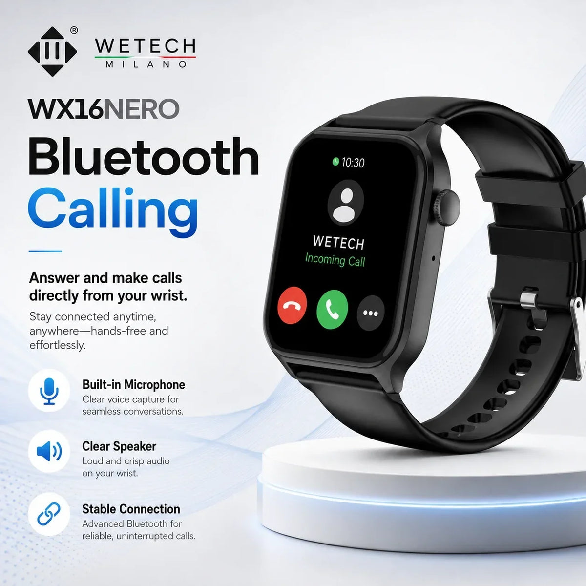 For Android IOS Users WETECH WX16 Smart Watch Bluetooth Call Internal Mic Touch Screen 123 Sport Modes Heart Sleep Stress Tracking Fitness Wristwatch 7-Day Battery White Black Two Colors Available