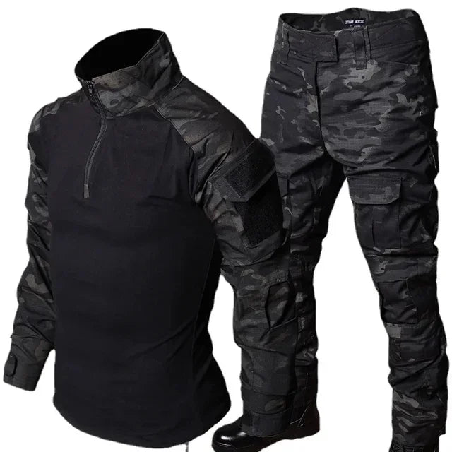 Black Camo Training Sets 1/4 Zipper Combat Tops Tactical Suits Hiking Pants Men Durable Shirts Multiple Pockets Wear-resisting