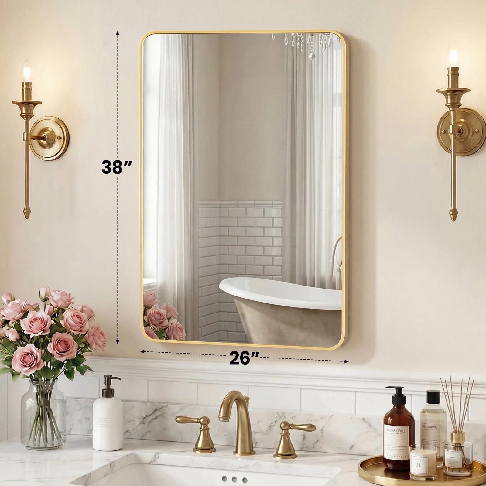 Rounded Rectangle Wall Mirror with Metal Frame, Tempered Glass
