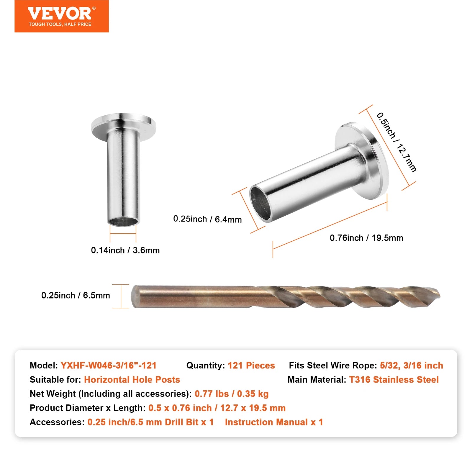 SucceBuy 121/81/101 pack T316 nerezové ochranné návleky pro kabel z ocelového lanového ráhla o průměru 1/8" nebo 3/16"