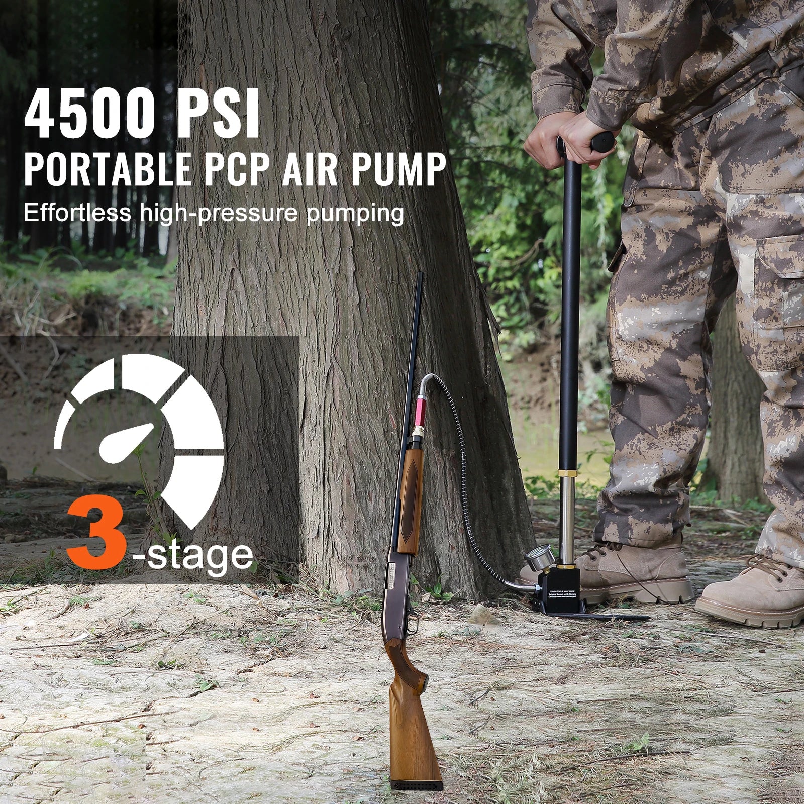4500 PSI 3-Stage PCP Hand Pump with Gauge for Air Guns & Tires