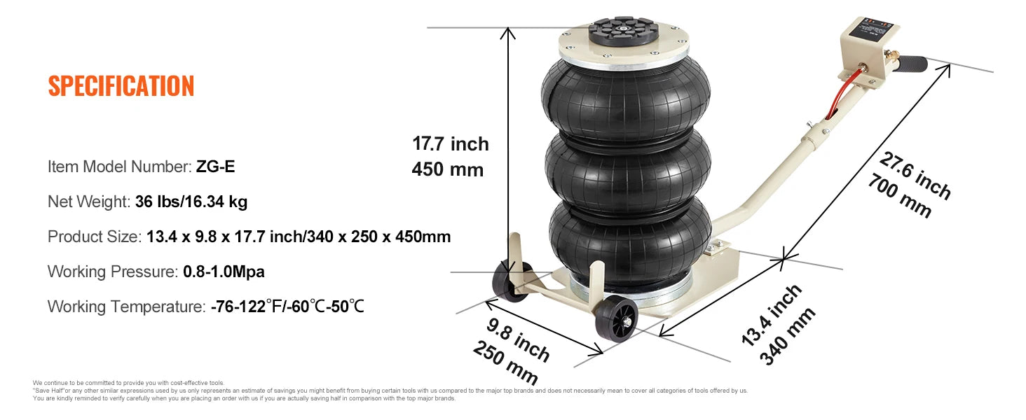 Cric pneumatique à sac d'air 3 tonnes levage rapide avec roues