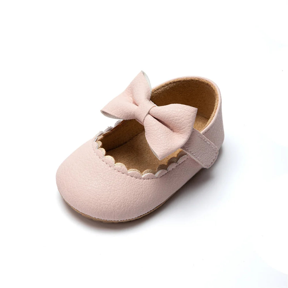 Retro Solid Color Bow Princess Baby Walking Shoes