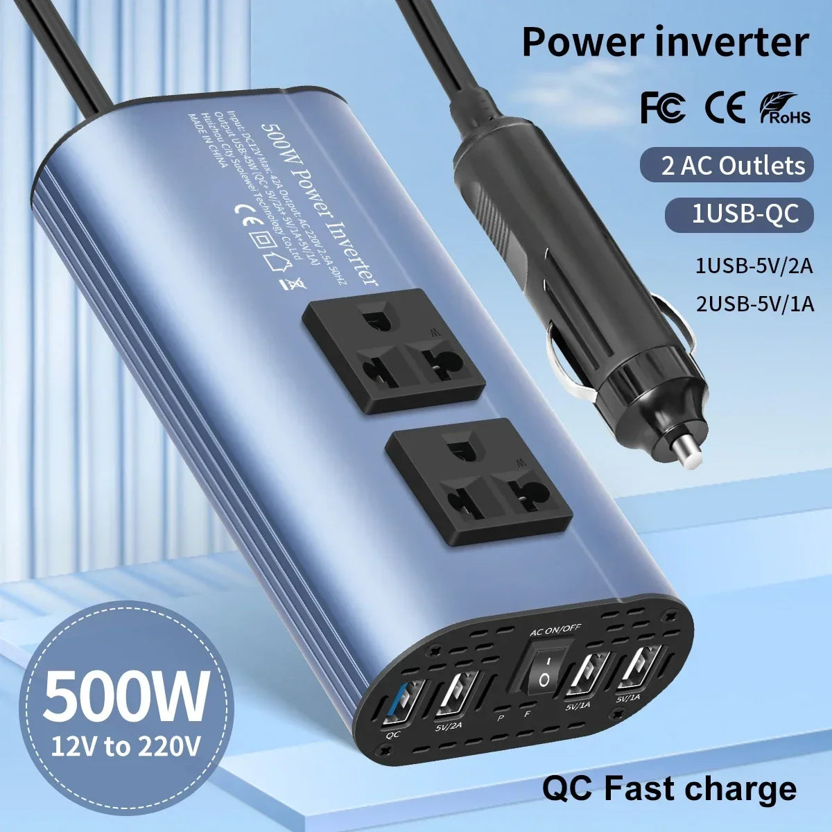 400W/500W/1500W Car inverter DC 12V to AC 220V converter, 3USB 2.0 and 1USB QC3.0 European standard socket