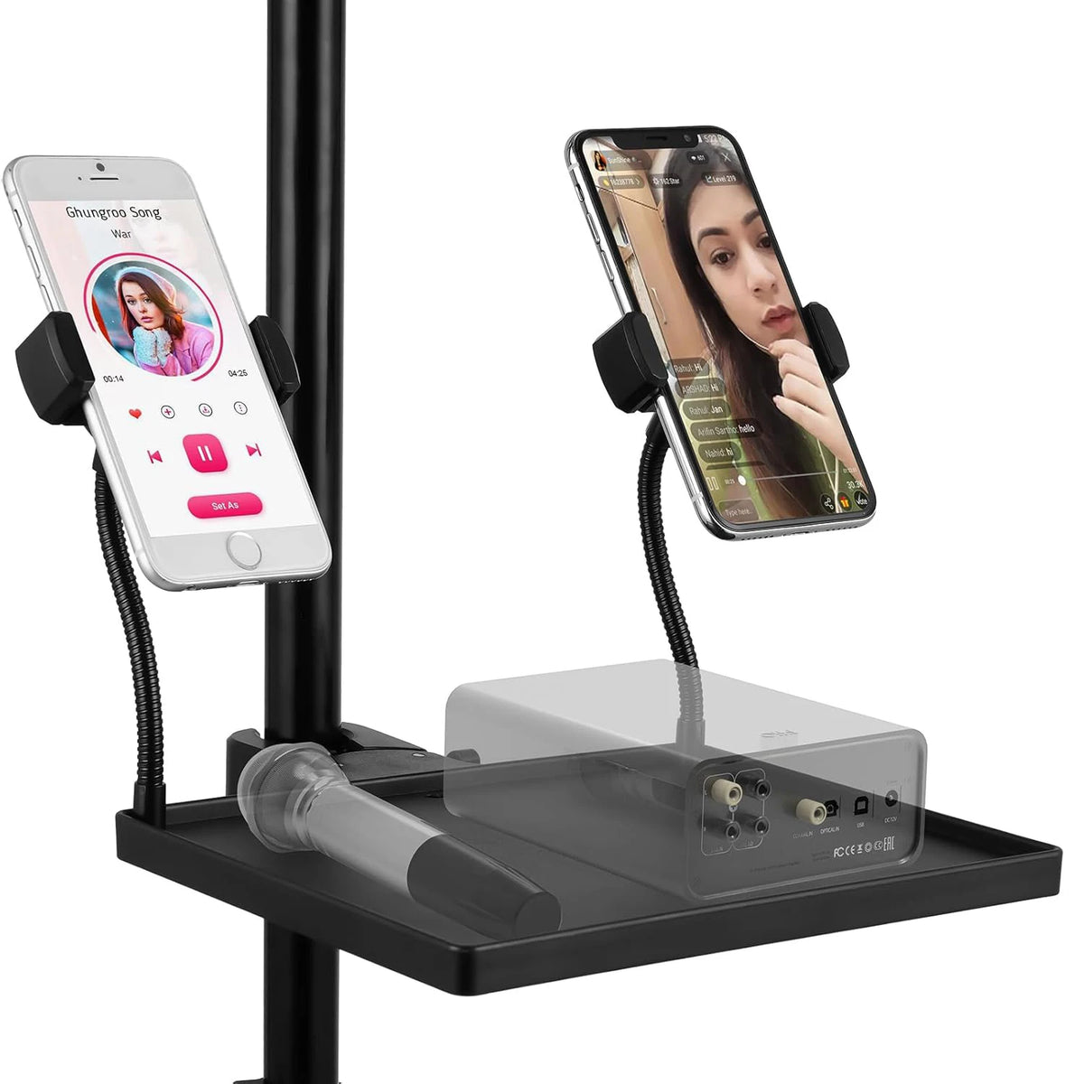 Tabuleiro para suporte de microfone com fixação por grampo e suporte de telemóvel