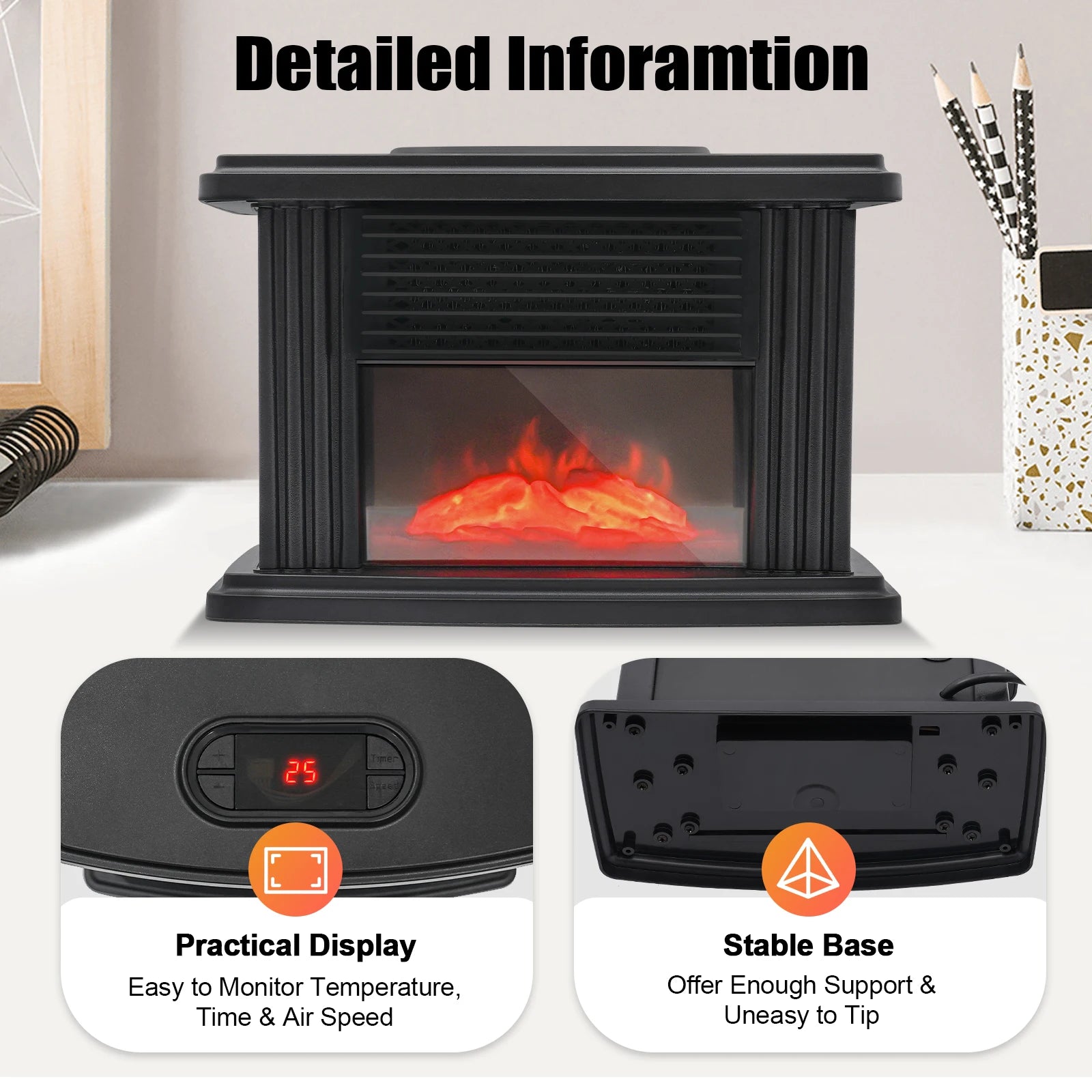 Portable Electric Fireplace Heater 1000W with 3 Speeds & Timer