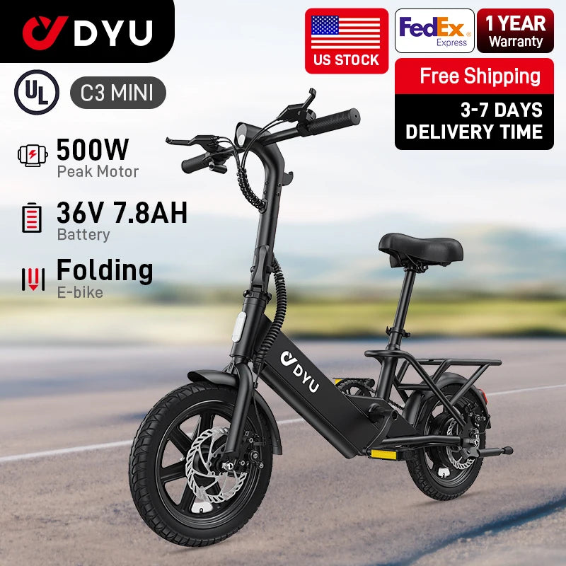 DYU C3 14" hopfällbar elcykel 36V litiumbatteri kompakt elcykel