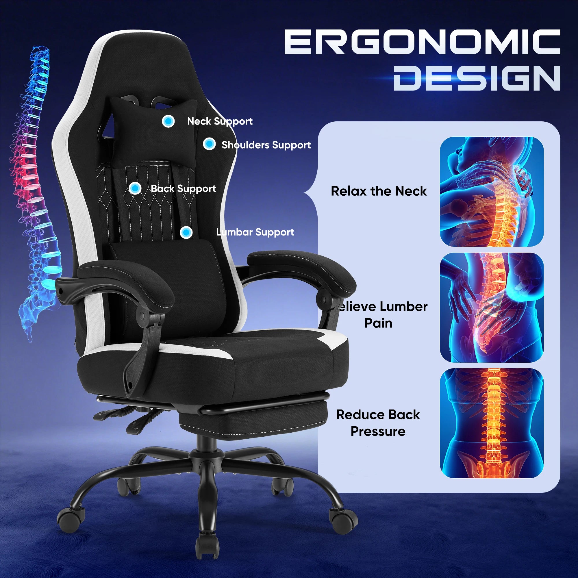 Ergonomická herní židle s bederní oporou, polohováním a opěrkou nohou