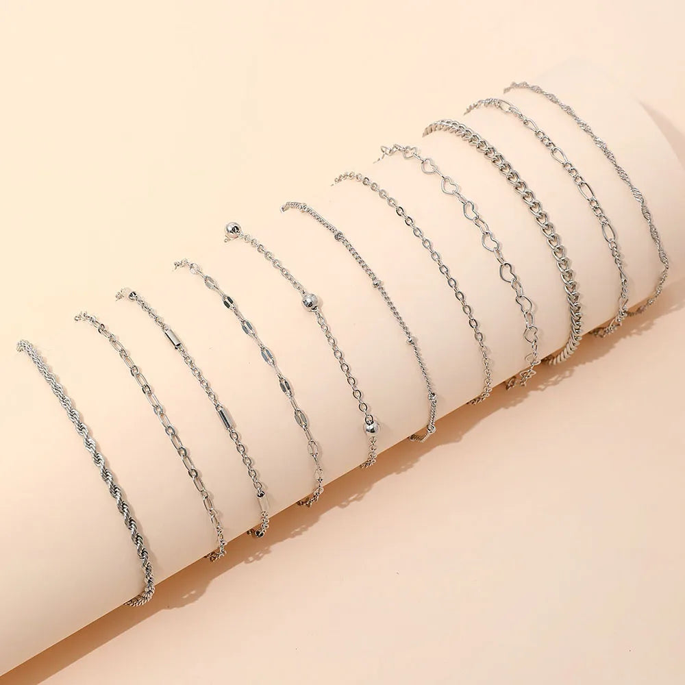 11pcs/Set Stylish Simple Punk Style Heart Beaded Splicing Hollow Chain Bracelet Set Suitable For Women's Daily Wear Gift Giving