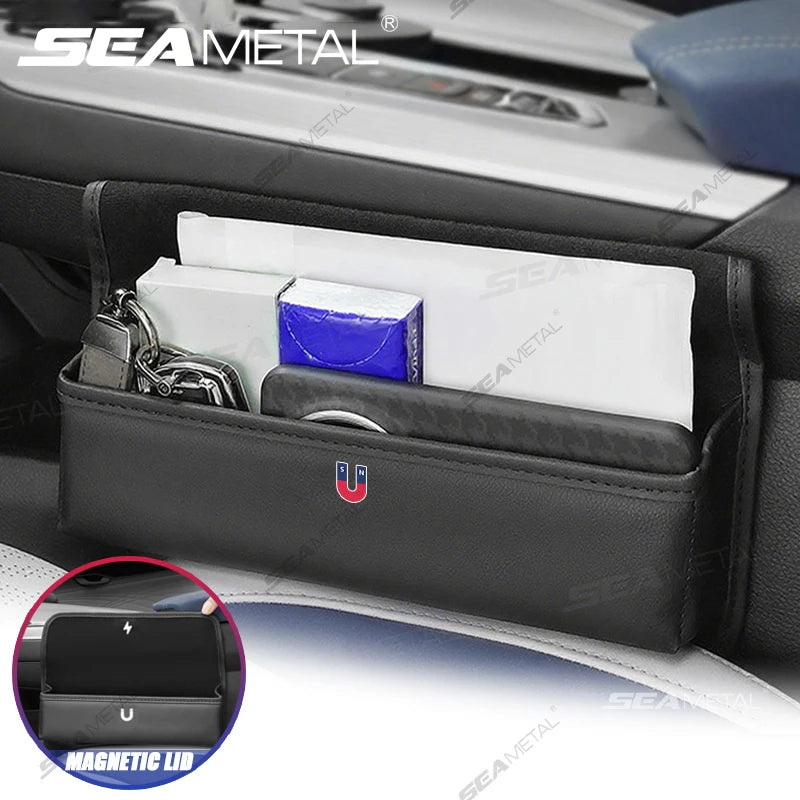 SEAMETAL Large-Capacity Car Storage Bag Magnetic Lid Car Center Console Seat Gap Organizer Universal Auto Seat Gap Filler Box