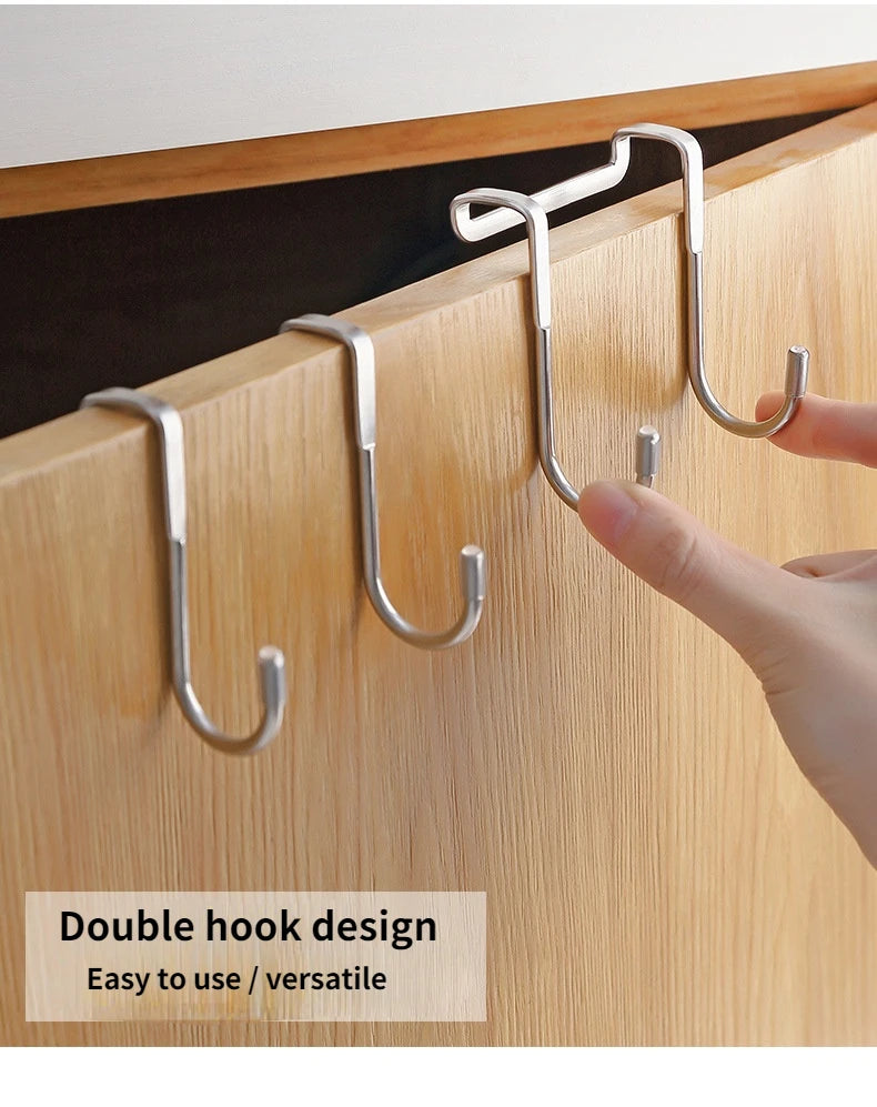 304 Stainless Steel Hook Free Punching Double S-Shape Hook Kitchen Bathroom Cabinet Door Back Type Coat Towel Storage Hanger