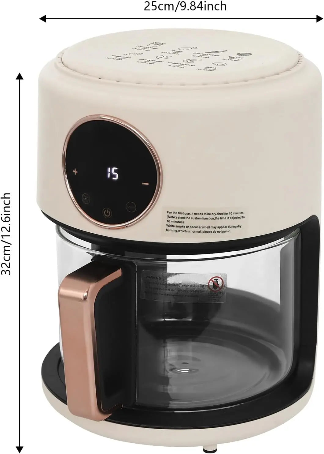 3.81Qt Portable Glass Air Fryer with Digital Display, 8 Preset Modes, White