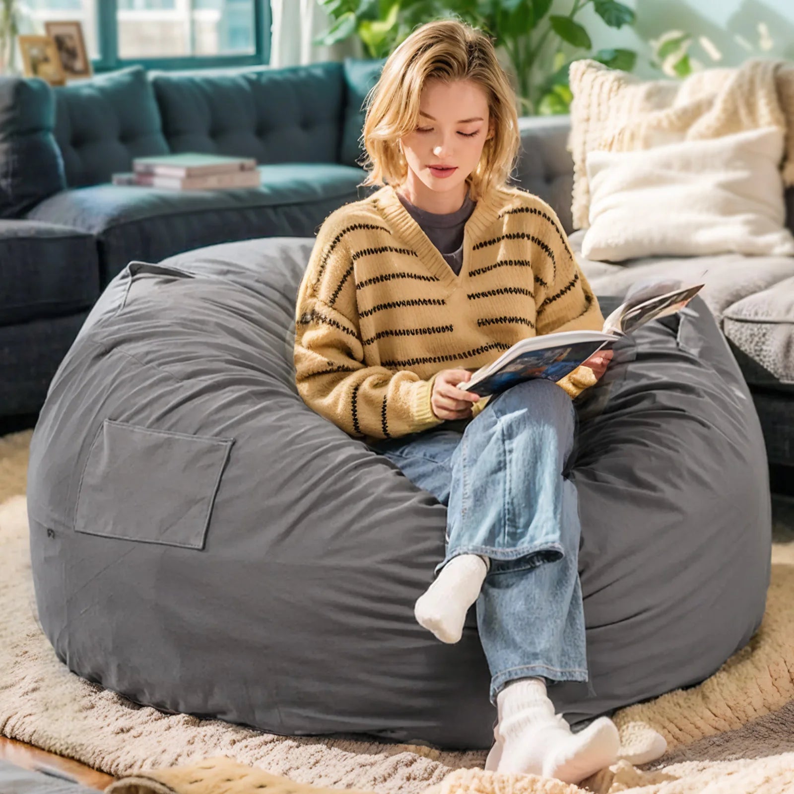 Oversized Foam Bean Bag Chair with Washable Cover & Pocket