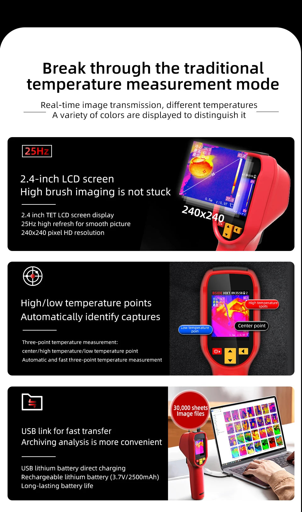 240x240 Thermal Imaging Camera Infrared Temperature Scanner -20°C to 550°C