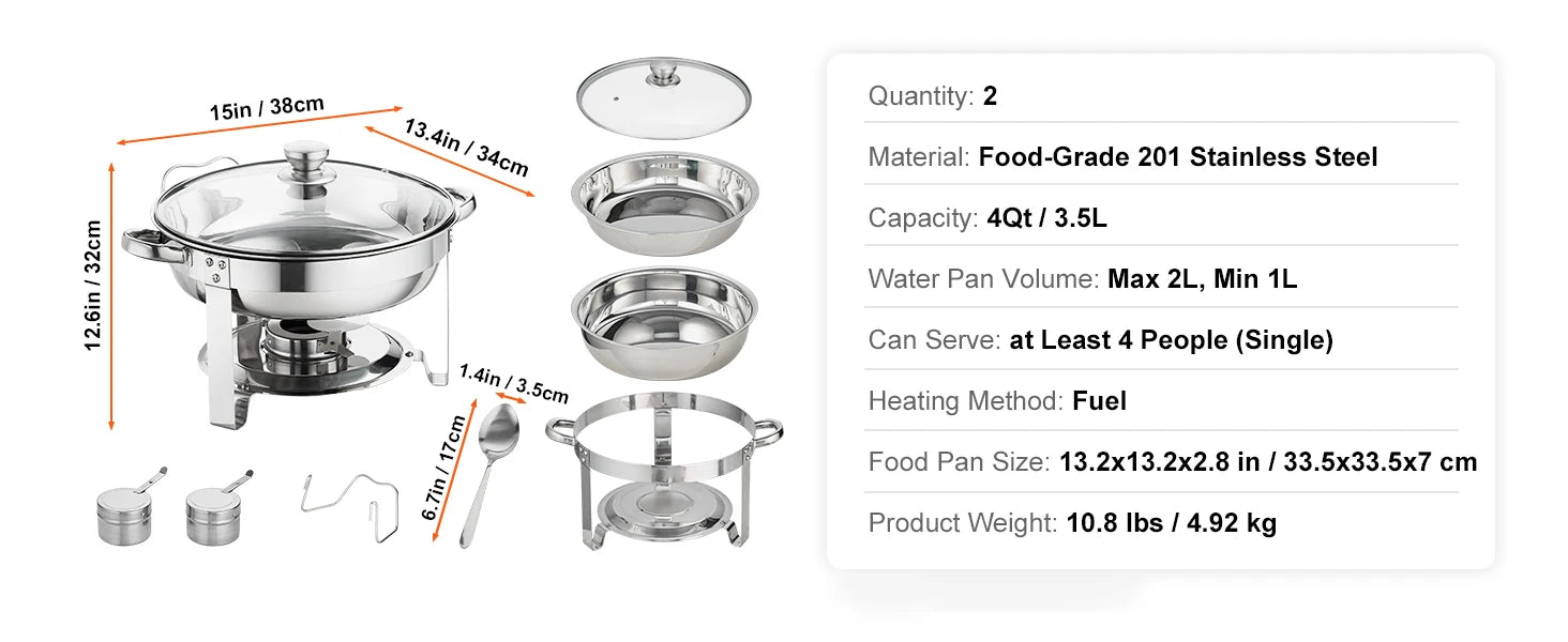 4 Qt Round Chafing Dish Buffet Set with Glass Lid (2 Pack)