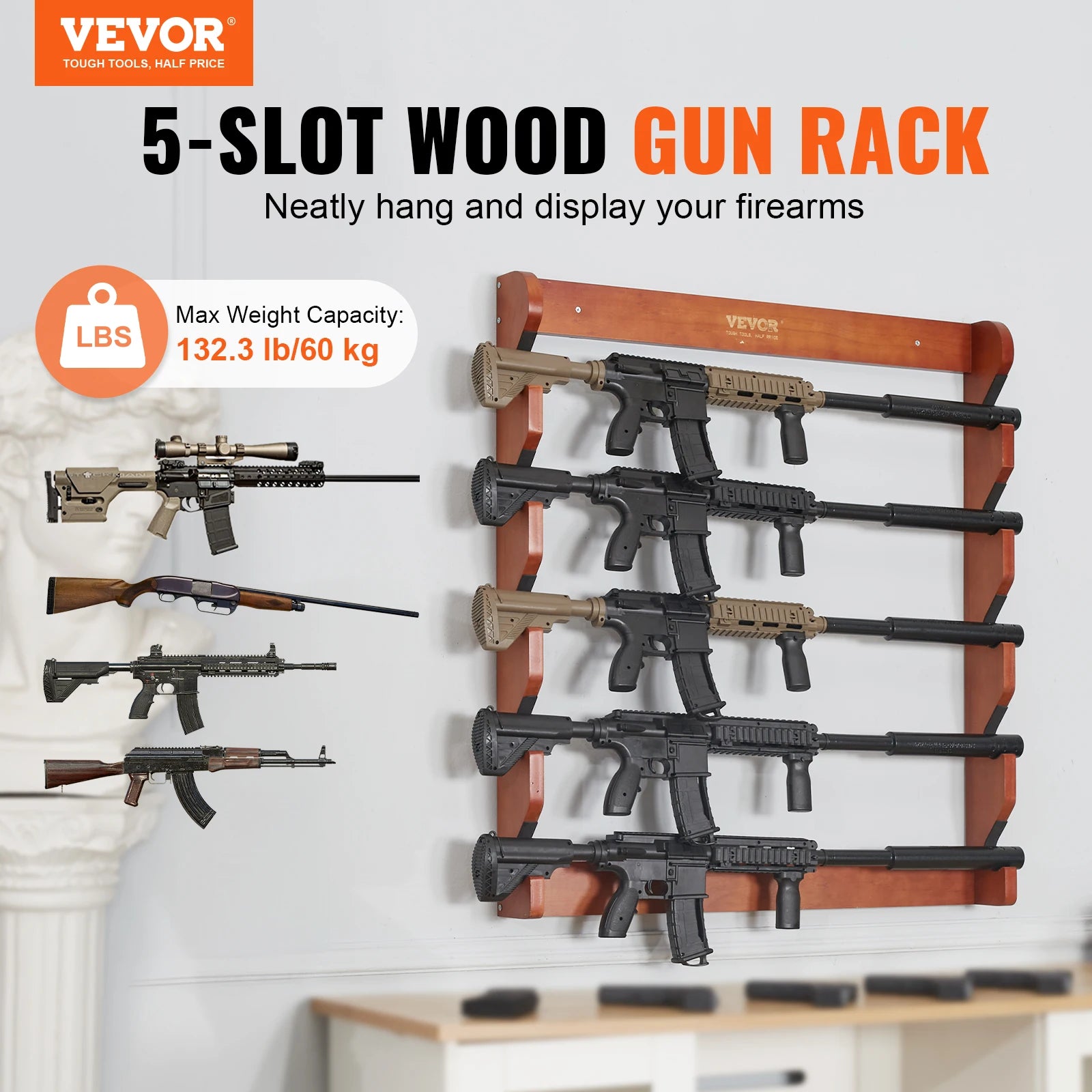 Wall Mounted Wooden Gun Rack with 5 Slots & 132 lb Capacity