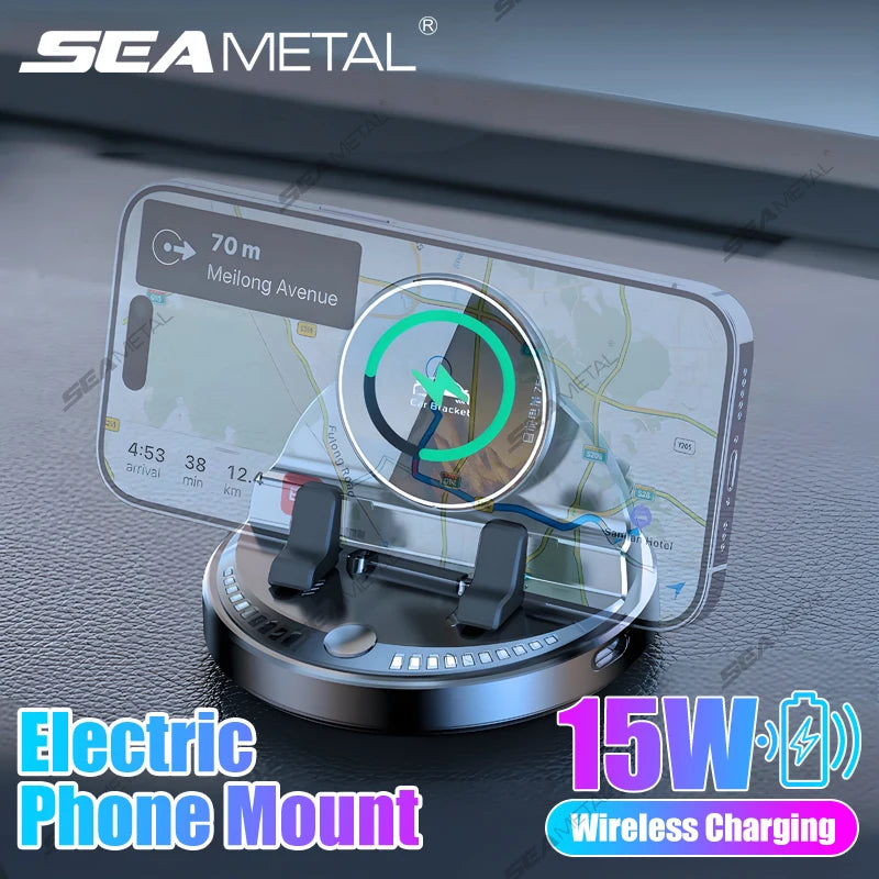 SEAMETAL 15W Wireless Charging Phone Mount for Car Electric Clip Dashboard Phone Holder Universal Phone Stand for iPhone/Samsung