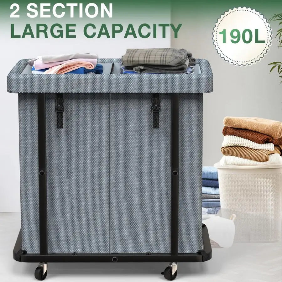 190L Rolling Laundry Hamper with Wheels, Metal Frame & Removable Bag