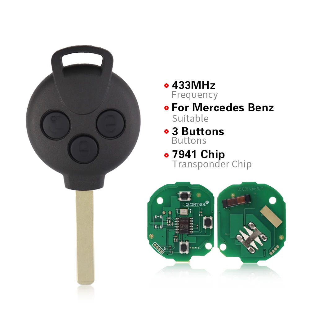 3 Boutons Télécommande de voiture Clé intelligente pour Mercedes-Benz Smart Fortwo 451 2007-2013 433Mhz Puce 7941, entrée sans clé, transmetteur